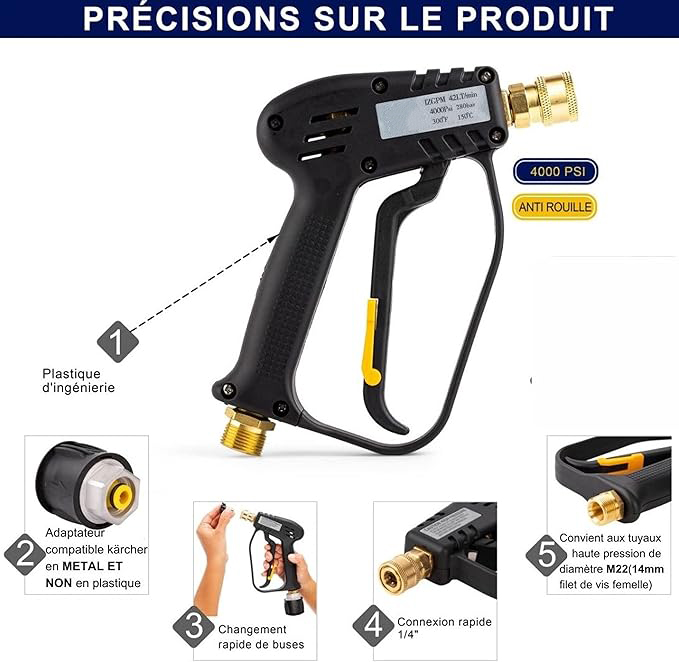Pistolet de Lavage Haute Pression avec 6 buses 1/4"- Pistolet de Nettoyage 4000 PSI pour Voiture - Interface M22(14mm), Adaptateur compatible Karcher K1-K7, 2 filtres eau et guide inclus