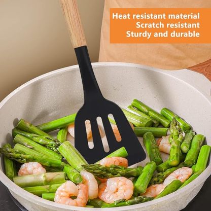 Ustensiles de Cuisine en Silicone, 22 PCS Accessoire Cuisine Set sans BPA, Kit d'Ustensiles de Bois, Antiadhésive Set avec Pot de Rangement, Noir