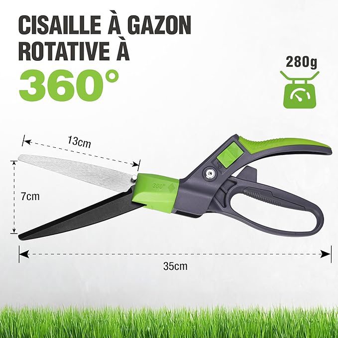 Cisaille à Gazon Rotative 360°, Cisaille Orientable avec Verrou de Sécurité, Poignée Ergonomique, Outil de Jardinage pour Pelouse, Plantes, Bonsaïs et Bordures