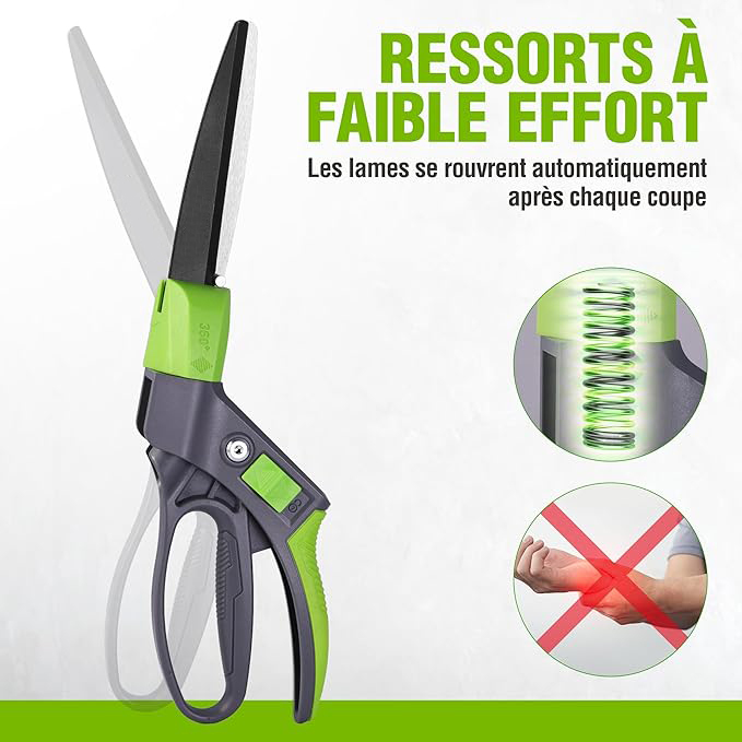 Cisaille à Gazon Rotative 360°, Cisaille Orientable avec Verrou de Sécurité, Poignée Ergonomique, Outil de Jardinage pour Pelouse, Plantes, Bonsaïs et Bordures