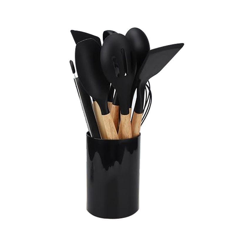 Ustensiles de Cuisine en Silicone, 22 PCS Accessoire Cuisine Set sans BPA, Kit d'Ustensiles de Bois, Antiadhésive Set avec Pot de Rangement, Noir