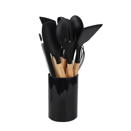 Ustensiles de Cuisine en Silicone, 22 PCS Accessoire Cuisine Set sans BPA, Kit d'Ustensiles de Bois, Antiadhésive Set avec Pot de Rangement, Noir