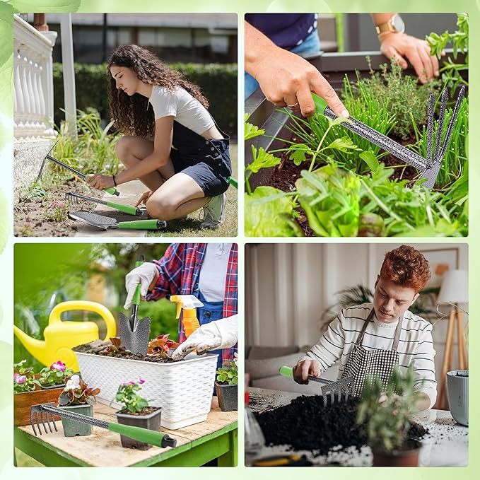 Outils de Jardinage 6 Pièces, Kit d'outils de Jardin en Acier Inoxydable avec Houe 2-en-1, Treulle, Râteaux, Couteau Désherbeur, Finition Martelée, pour Taille et Entretien, Cadeaux de Jardin