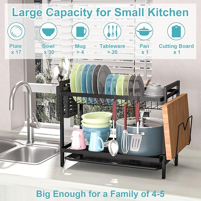 Egoutoire Vaisselle Cuisine Noir à 2 Niveaux avec Égouttoir Support pour Couverts, Planche À Découper sur Évier, Égouttoir À Vaisselle pour Assiette, d'égouttoir à Vaisselle Compact à pour la Cuisine