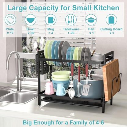 Egoutoire Vaisselle Cuisine Noir à 2 Niveaux avec Égouttoir Support pour Couverts, Planche À Découper sur Évier, Égouttoir À Vaisselle pour Assiette, d'égouttoir à Vaisselle Compact à pour la Cuisine