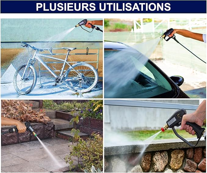 Pistolet de Lavage Haute Pression avec 6 buses 1/4"- Pistolet de Nettoyage 4000 PSI pour Voiture - Interface M22(14mm), Adaptateur compatible Karcher K1-K7, 2 filtres eau et guide inclus