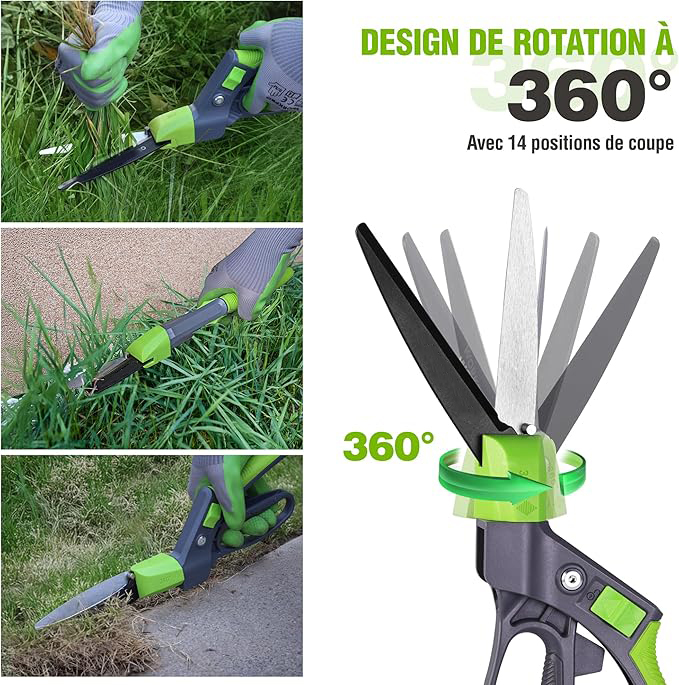 Cisaille à Gazon Rotative 360°, Cisaille Orientable avec Verrou de Sécurité, Poignée Ergonomique, Outil de Jardinage pour Pelouse, Plantes, Bonsaïs et Bordures
