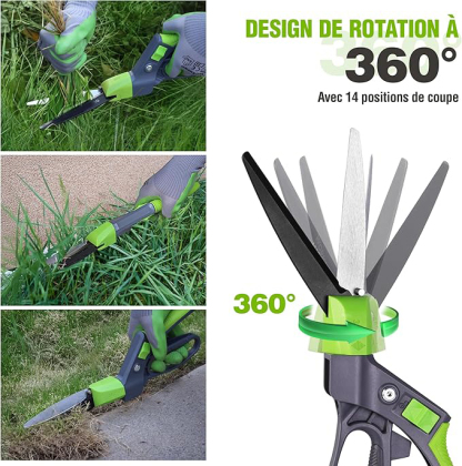 Cisaille à Gazon Rotative 360°, Cisaille Orientable avec Verrou de Sécurité, Poignée Ergonomique, Outil de Jardinage pour Pelouse, Plantes, Bonsaïs et Bordures