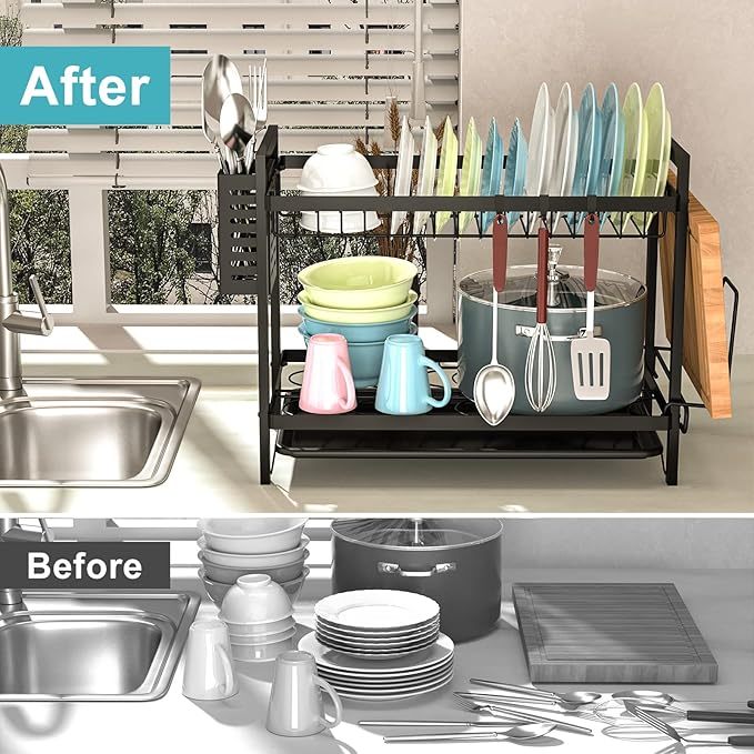 Egoutoire Vaisselle Cuisine Noir à 2 Niveaux avec Égouttoir Support pour Couverts, Planche À Découper sur Évier, Égouttoir À Vaisselle pour Assiette, d'égouttoir à Vaisselle Compact à pour la Cuisine