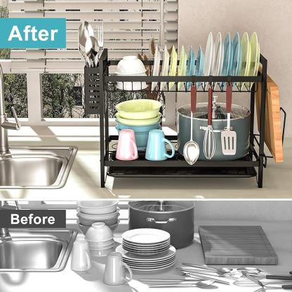 Egoutoire Vaisselle Cuisine Noir à 2 Niveaux avec Égouttoir Support pour Couverts, Planche À Découper sur Évier, Égouttoir À Vaisselle pour Assiette, d'égouttoir à Vaisselle Compact à pour la Cuisine