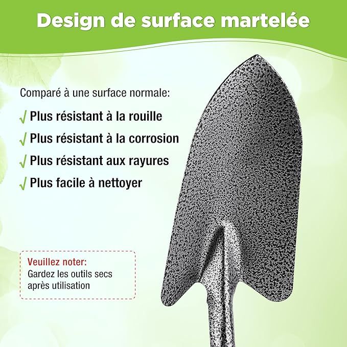 Outils de Jardinage 6 Pièces, Kit d'outils de Jardin en Acier Inoxydable avec Houe 2-en-1, Treulle, Râteaux, Couteau Désherbeur, Finition Martelée, pour Taille et Entretien, Cadeaux de Jardin