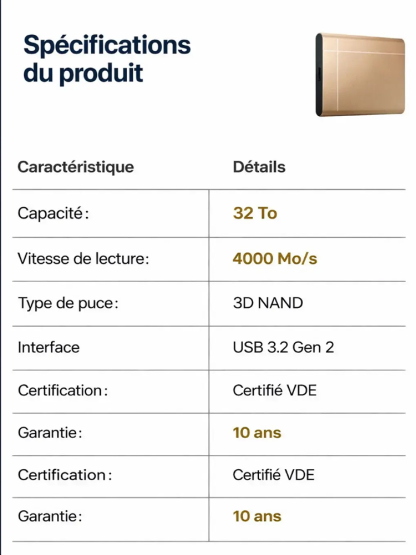 Coffre-Fort Numérique SSD 32To | 4000 Mo/s Haute Vitesse | Cryptage AES-256 Sécurité | Prêt à l'Emploi⚡