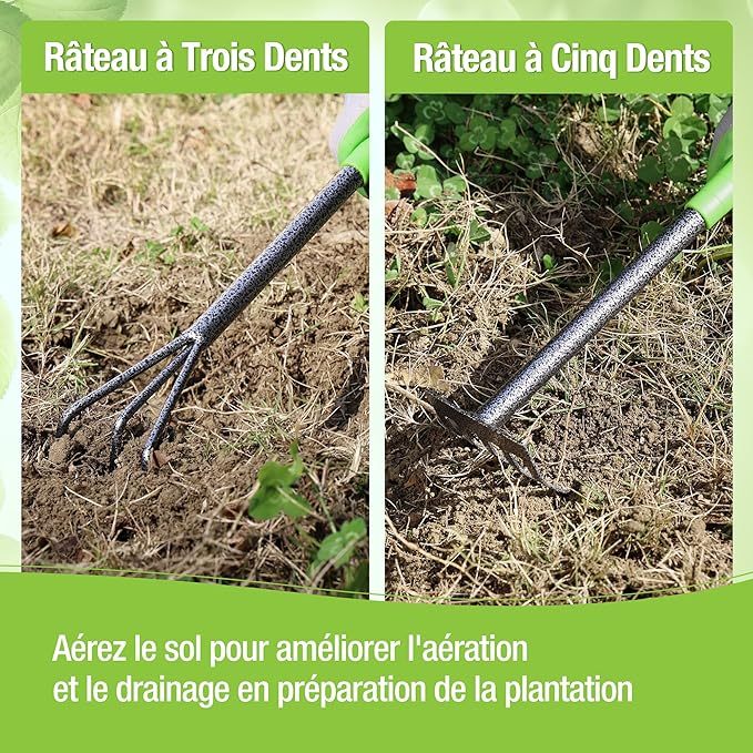 Outils de Jardinage 6 Pièces, Kit d'outils de Jardin en Acier Inoxydable avec Houe 2-en-1, Treulle, Râteaux, Couteau Désherbeur, Finition Martelée, pour Taille et Entretien, Cadeaux de Jardin
