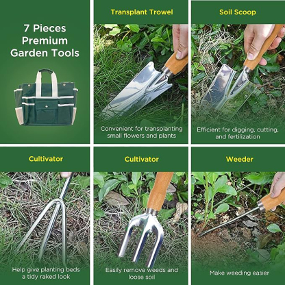 Kit Complet d'Outils de Jardinage - 7 Pièces, Acier Inoxydable Robuste, Tabouret Pliant Solide, Sac à Outils Détachable