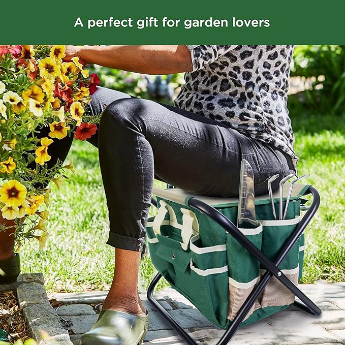  Kit Complet d'Outils de Jardinage - 7 Pièces, Acier Inoxydable Robuste, Tabouret Pliant Solide, Sac à Outils Détachable