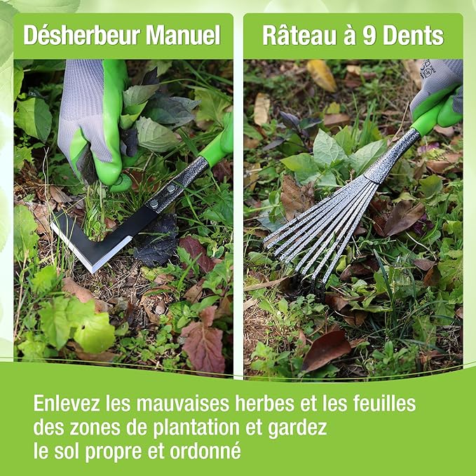 Outils de Jardinage 6 Pièces, Kit d'outils de Jardin en Acier Inoxydable avec Houe 2-en-1, Treulle, Râteaux, Couteau Désherbeur, Finition Martelée, pour Taille et Entretien, Cadeaux de Jardin