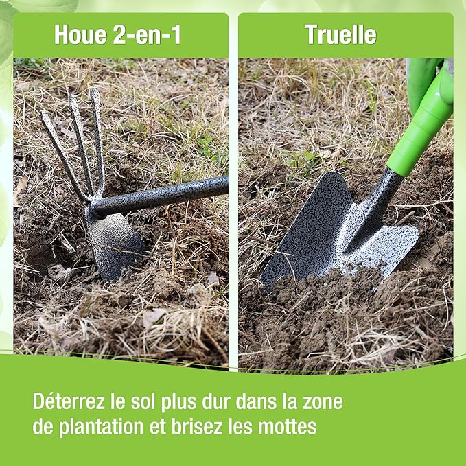 Outils de Jardinage 6 Pièces, Kit d'outils de Jardin en Acier Inoxydable avec Houe 2-en-1, Treulle, Râteaux, Couteau Désherbeur, Finition Martelée, pour Taille et Entretien, Cadeaux de Jardin