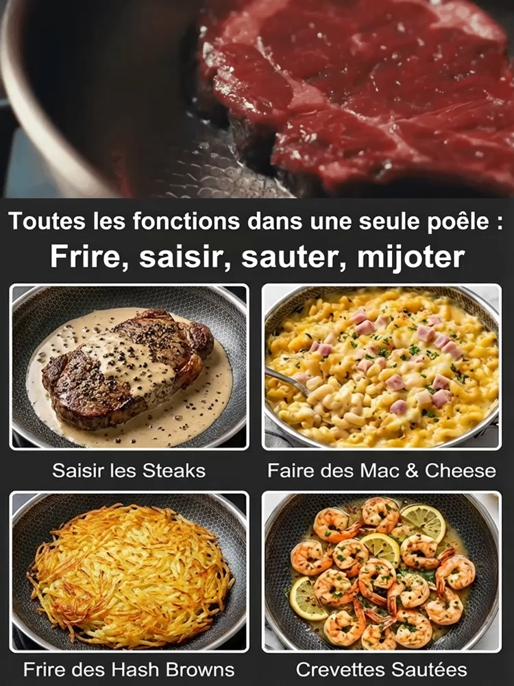 Poêle Inox Hybride 28/30cm | Structure Nid d'Abeille Saine | Manche Isolant Bakélite | Couvercle Inclus 🍳🥘