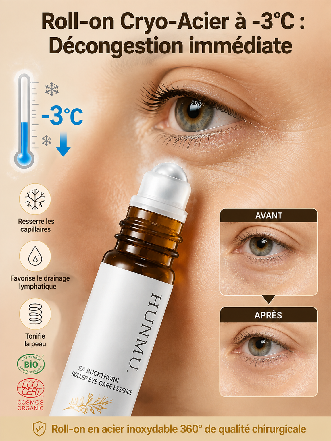 ❄️👁️ Sérum Yeux Anti-Âge | Embout Métal Décongestionnant | Huile de Ricin Active | Anti-Cernes Puissant | Efficacité Prouvée ✨