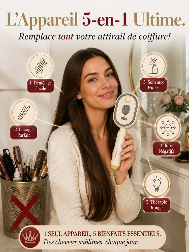 [Secret d'Hollywood] Brosse Lissante 5-en-1 | Lumière Rouge Anti-Chute | Zéro Dégât Thermique ✨