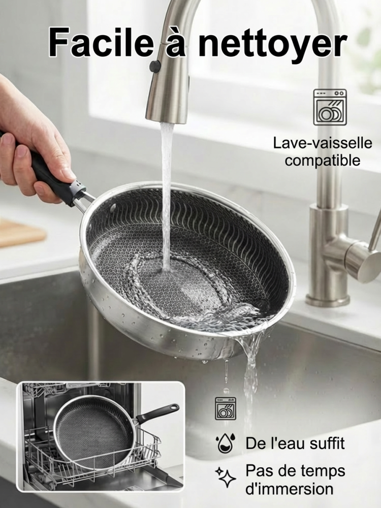 Poêle Inox Hybride 28/30cm | Structure Nid d'Abeille Saine | Manche Isolant Bakélite | Couvercle Inclus 🍳🥘