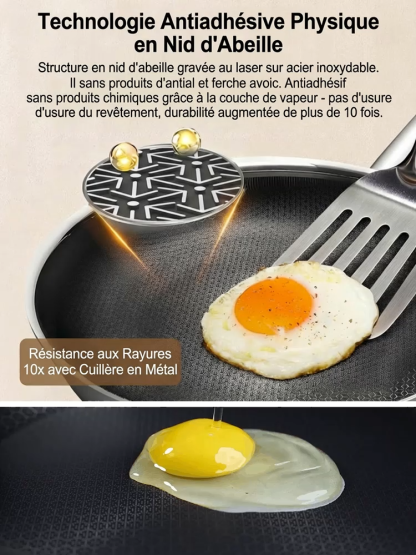 Poêle Inox Hybride 28/30cm | Structure Nid d'Abeille Saine | Manche Isolant Bakélite | Couvercle Inclus 🍳🥘
