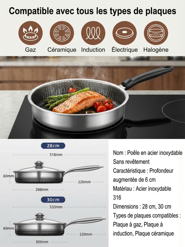 Poêle Inox Hybride 28/30cm | Structure Nid d'Abeille Saine | Manche Isolant Bakélite | Couvercle Inclus 🍳🥘