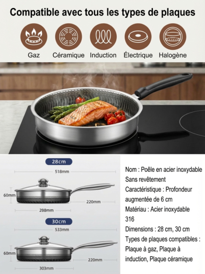 Poêle Inox Hybride 28/30cm | Structure Nid d'Abeille Saine | Manche Isolant Bakélite | Couvercle Inclus 🍳🥘