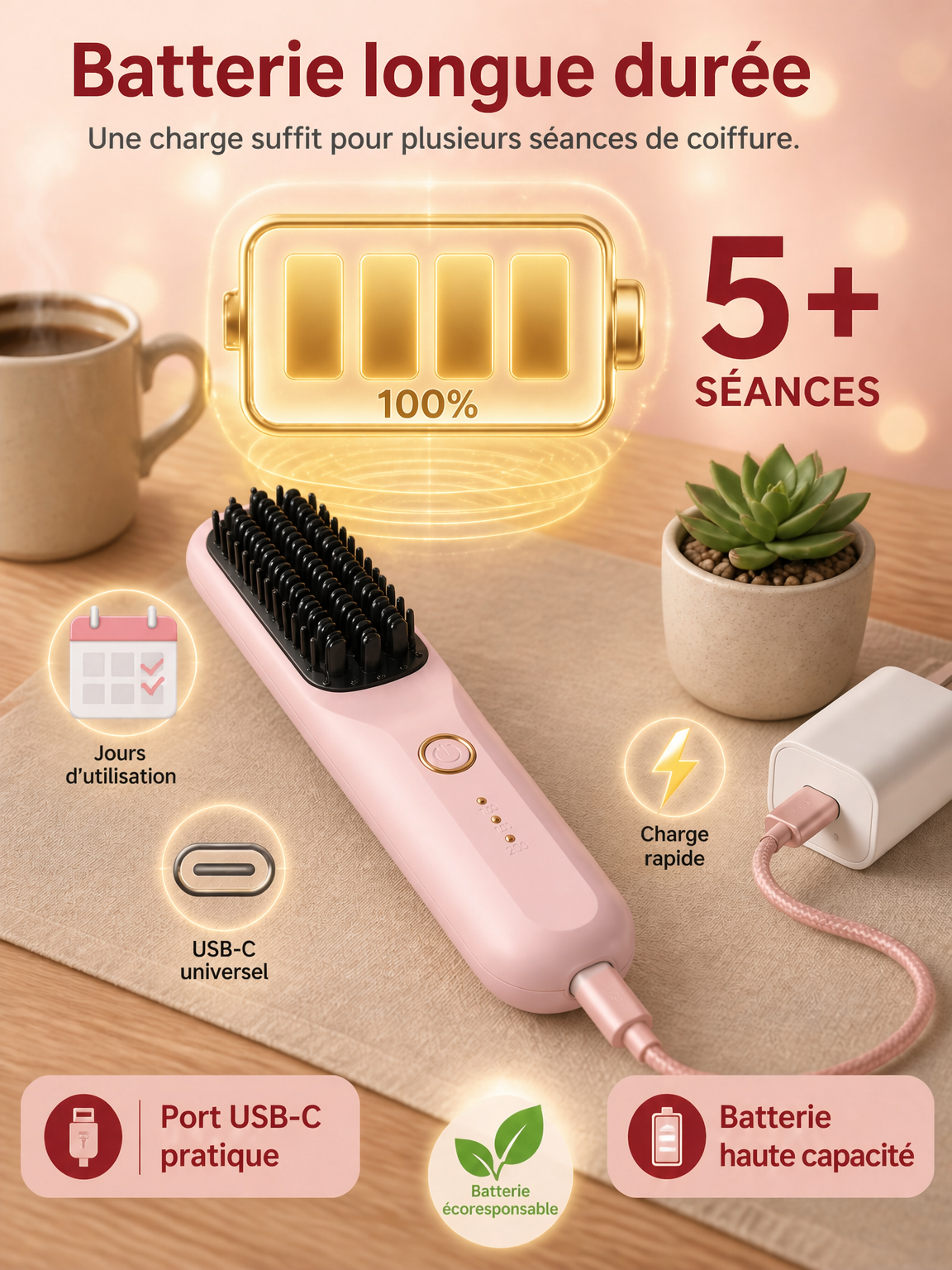 【Secret des Stars d'Hollywood】Brosse Lissante Sans Fil Portable | Ions Négatifs Soin Kératine | Lisse en 3 Secondes | Anti-Brûlure ✨💆‍♀️