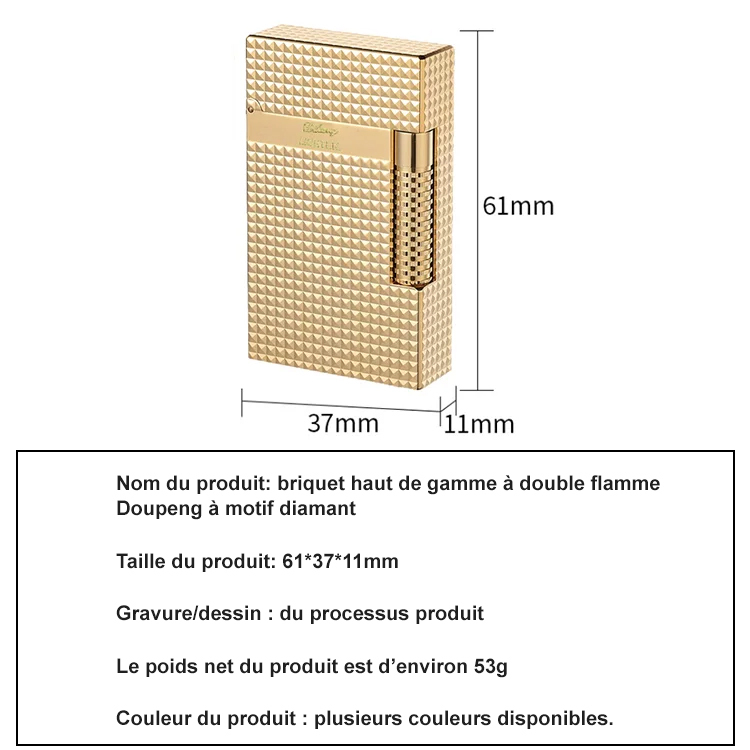 Briquet haut de gamme à cigares à double flamme Doupeng à motif diamant