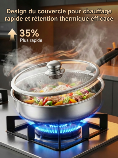 Poêle Inox Hybride 28/30cm | Structure Nid d'Abeille Saine | Manche Isolant Bakélite | Couvercle Inclus 🍳🥘