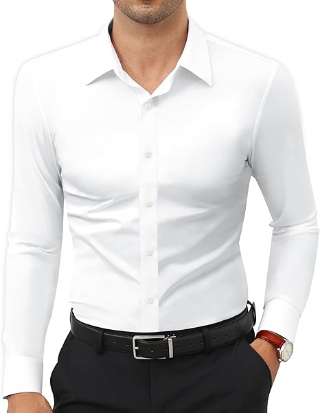 Elencoco Men's Super Stretchy Dress Shirt Quick-Drying Breathable Anti-Wrinkle Muscle Slim Long-Sleeved Business Sports Casual Black Top
