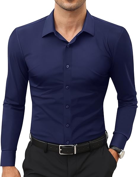 Elencoco Men's Super Stretchy Dress Shirt Quick-Drying Breathable Anti-Wrinkle Muscle Slim Long-Sleeved Business Sports Casual Black Top