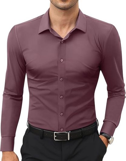 Elencoco Men's Super Stretchy Dress Shirt Quick-Drying Breathable Anti-Wrinkle Muscle Slim Long-Sleeved Business Sports Casual Black Top