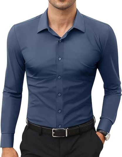 Elencoco Men's Super Stretchy Dress Shirt Quick-Drying Breathable Anti-Wrinkle Muscle Slim Long-Sleeved Business Sports Casual Black Top