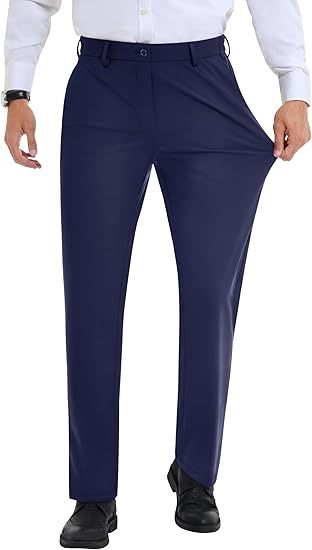 ELENCOCO Stretch Dress Pants No Iron Golf Pants Expandable Waist Flat Front Business Casual Pants Menswear Trouser Underwear  Pocket Beige Plain 