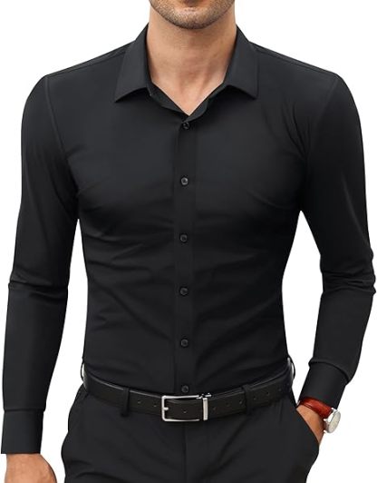 Elencoco Men's Super Stretchy Dress Shirt Quick-Drying Breathable Anti-Wrinkle Muscle Slim Long-Sleeved Business Sports Casual Black Top