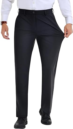 ELENCOCO Stretch Dress Pants No Iron Golf Pants Expandable Waist Flat Front Business Casual Pants Menswear Trouser Underwear  Pocket Beige Plain 