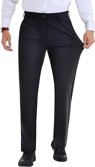 ELENCOCO Stretch Dress Pants No Iron Golf Pants Expandable Waist Flat Front Business Casual Pants Menswear Trouser Underwear  Pocket Beige Plain 