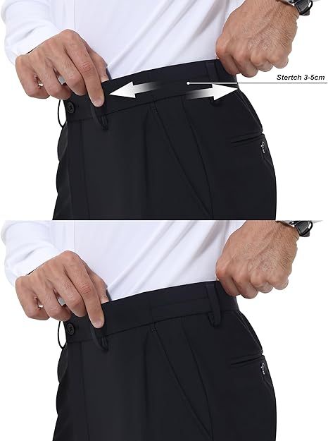 ELENCOCO Stretch Dress Pants No Iron Golf Pants Expandable Waist Flat Front Business Casual Pants Menswear Trouser Underwear  Pocket Beige Plain 