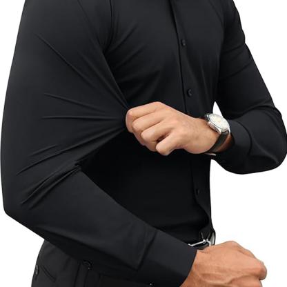 Elencoco Men's Super Stretchy Dress Shirt Quick-Drying Breathable Anti-Wrinkle Muscle Slim Long-Sleeved Business Sports Casual Black Top
