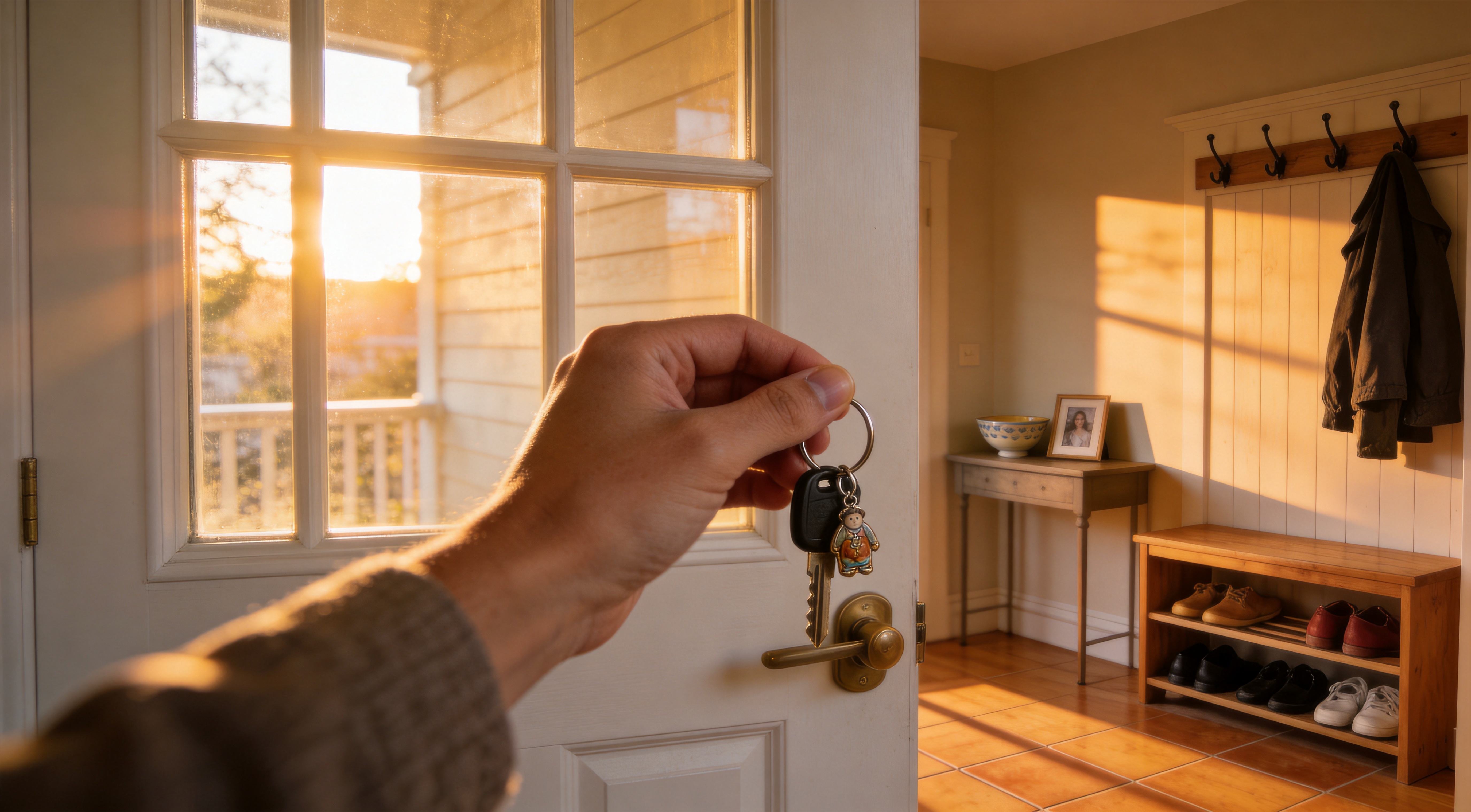 erson holding keys at the front door with warm sunset light, symbolizing daily routine and the meaning of coming home
