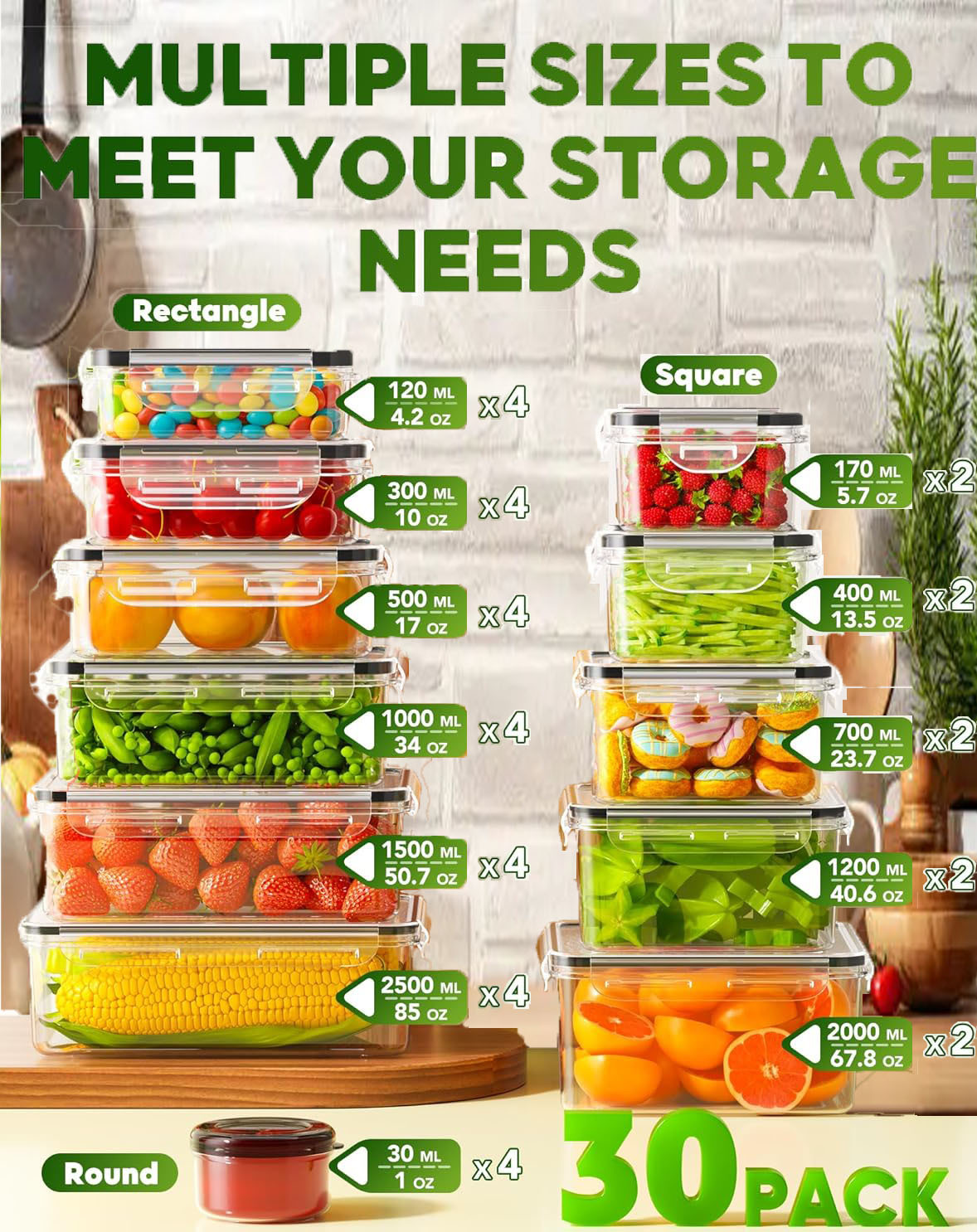 60 Pieces Food Storage Containers with Lids(30 Containers & 30 Lids) Food grade plastic, BPA free Freshness locking design, no spillage of soup Ideal for ingredient portioning/meal prep/refrigerator organization Reusable