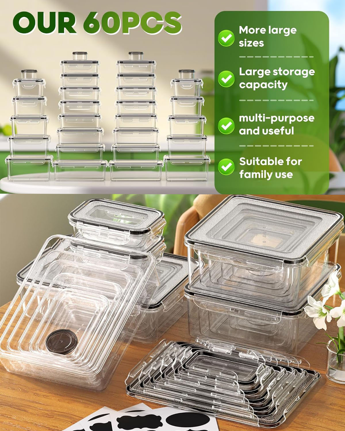 60 Pieces Food Storage Containers with Lids(30 Containers & 30 Lids) Food grade plastic, BPA free Freshness locking design, no spillage of soup Ideal for ingredient portioning/meal prep/refrigerator organization Reusable