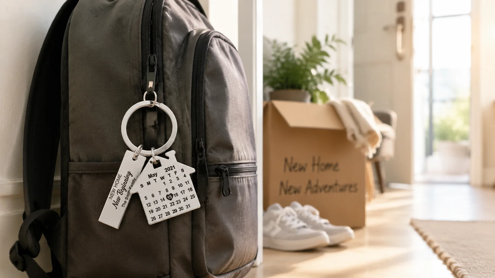 Personalized calendar keychain for graduates with New Beginning engraving, hanging on a backpack zipper at a new apartment entrance