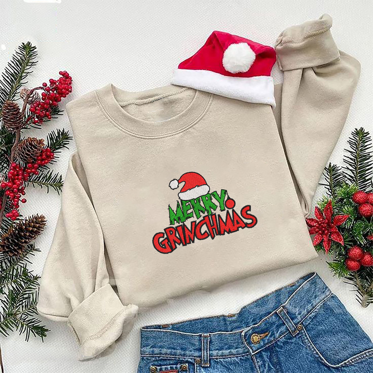 Santa Hat Embroidered Knit | Embroidered Knit | Holiday Clothing | Christmas Sweaters | Christmas Sweatshirts