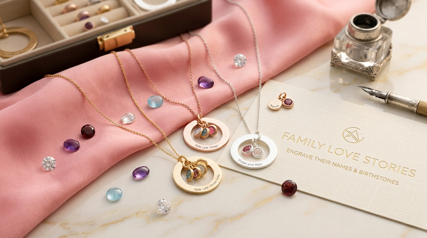 Engraved circle pendant necklace with personalized pink birthstone drop charm.