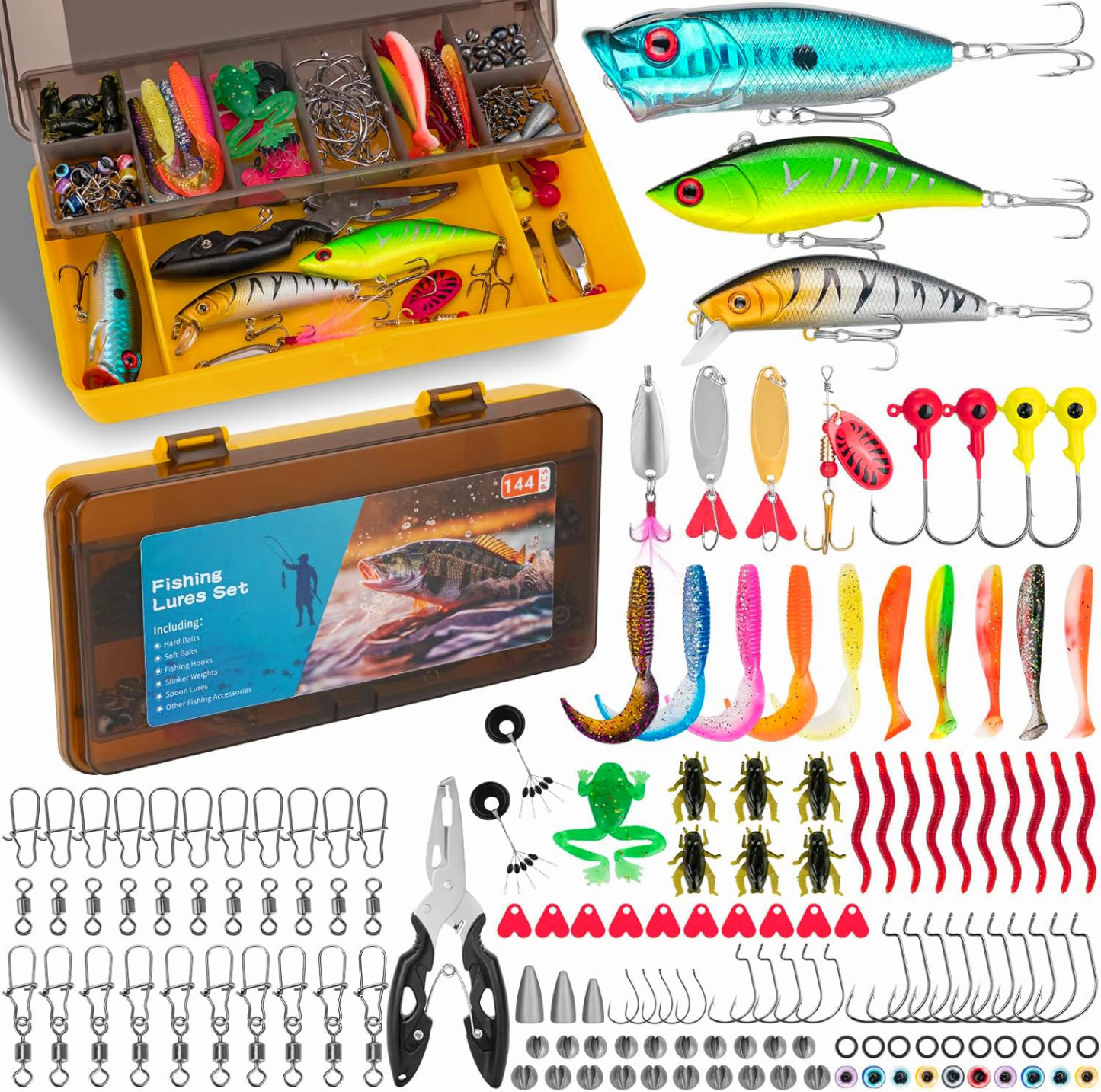 Fishing Lures 144Pcs Tackle Box Included Crankbaits, Spoon, Hooks, Jigs, Weights and More Other Accessories Well-Made Easy Catching Fishing Lures Kit for Freshwater Bait Tackle Kit for Bass Trout 