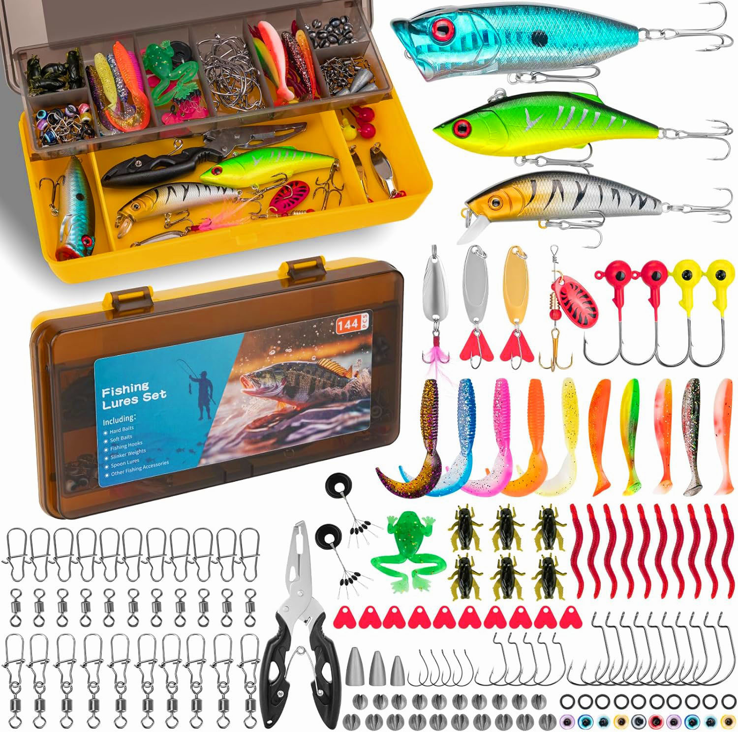 Fishing Lures 144Pcs Tackle Box Included Crankbaits, Spoon, Hooks, Jigs, Weights and More Other Accessories Well-Made Easy Catching Fishing Lures Kit for Freshwater Bait Tackle Kit for Bass Trout 