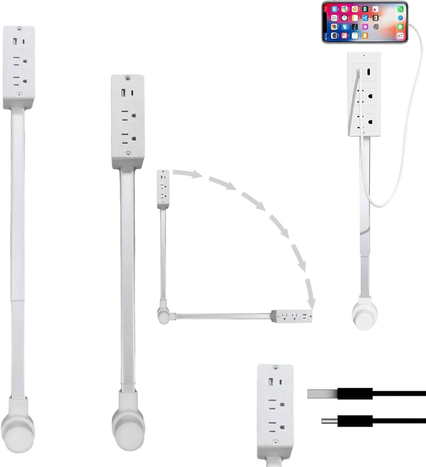 Extendable Rotating Outlet Electrical Outlet Expander 2 USB Charger(1 USB C Port) Extends 22''-34'' Rotates 180° Used for Sockets Behind Furniture Office Supplies Dorm Room Essentials